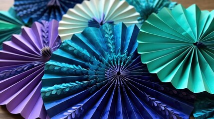 A set of paper fans with different shades of blue, green, and purple creating an ombre effect. Generative AI