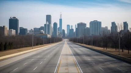 A straight, empty road with a modern city skyline in the distance. Generative AI