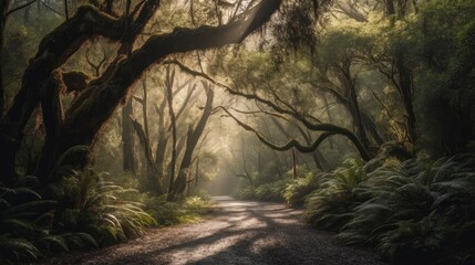 Obraz premium A winding road with towering trees creating a canopy overhead and sunlight peeking through the leaves. Generative AI