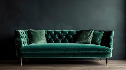 An emerald green velvet sofa on a grey background. Generative AI