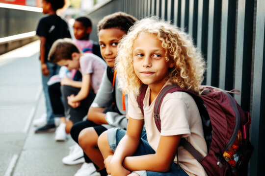 Excited blonde girl, 12, with bouncy curls chats with friends, anticipating the school bus arrival. Their laughter fills the morning air with joy. Generative AI