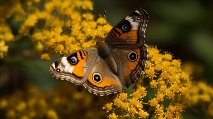 Common buckeye butterfly on a goldenrod plant. Generative AI - obrazy, fototapety, plakaty