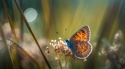 Gossamer-winged butterfly perched on a blade of grass. Generative AI