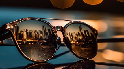 Close-up of a pair of sunglasses with a reflection of a city skyline in the lenses. Generative AI