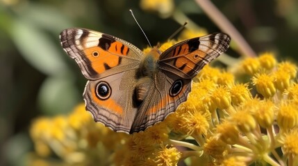 Common buckeye butterfly on a goldenrod plant. Generative AI - obrazy, fototapety, plakaty