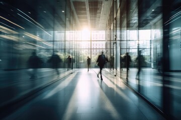 Blurred image of business people walking in the lobby of a modern office building. generative AI