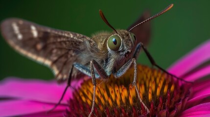 Obraz premium Long-tailed skipper butterfly on a purple coneflower. Generative AI