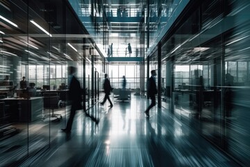 Business people walking in the corridor of a modern office building with motion blur effect. generative AI