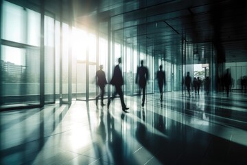 Fototapeta na wymiar Silhouettes of business people walking in a corridor of a modern office building. generative AI