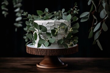 Eucalyptus-adorned wedding cake on stand. Use clipart for invites, cards, fabric & more. Ideal for birthday, anniversary & wedding design. Generative AI