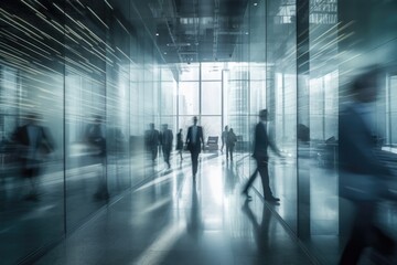 Fototapeta na wymiar Blurred scene of business people walking in the lobby of a modern office building. generative AI