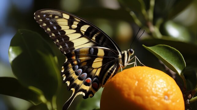 Giant swallowtail butterfly on a citrus tree. Generative AI
