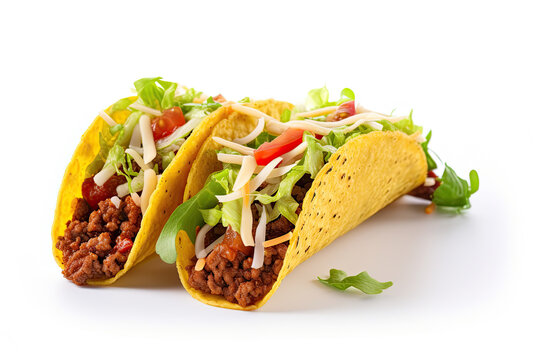 Traditional Mexican tacos with meat and vegetables, isolated on white background. AI generative.