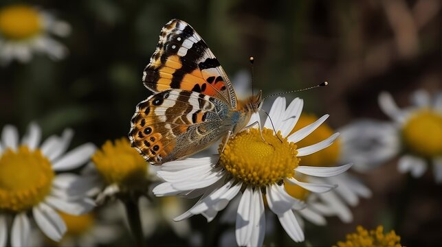 Painted lady butterfly on a daisy flower. Generative AI