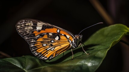 Tiger butterfly resting on a leaf. Generative AI