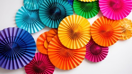 Vibrant-colored paper fans arranged in a circular pattern on a white background. Generative AI