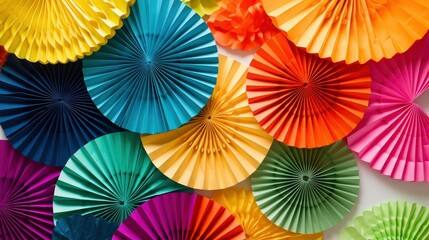 Vibrant-colored paper fans arranged in a circular pattern on a white background. Generative AI