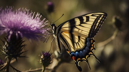 Western tiger swallowtail butterfly on a wildflower. Generative AI