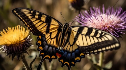 Western tiger swallowtail butterfly on a wildflower. Generative AI