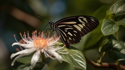 Zebra longwing butterfly on a passionflower vine. Generative AI