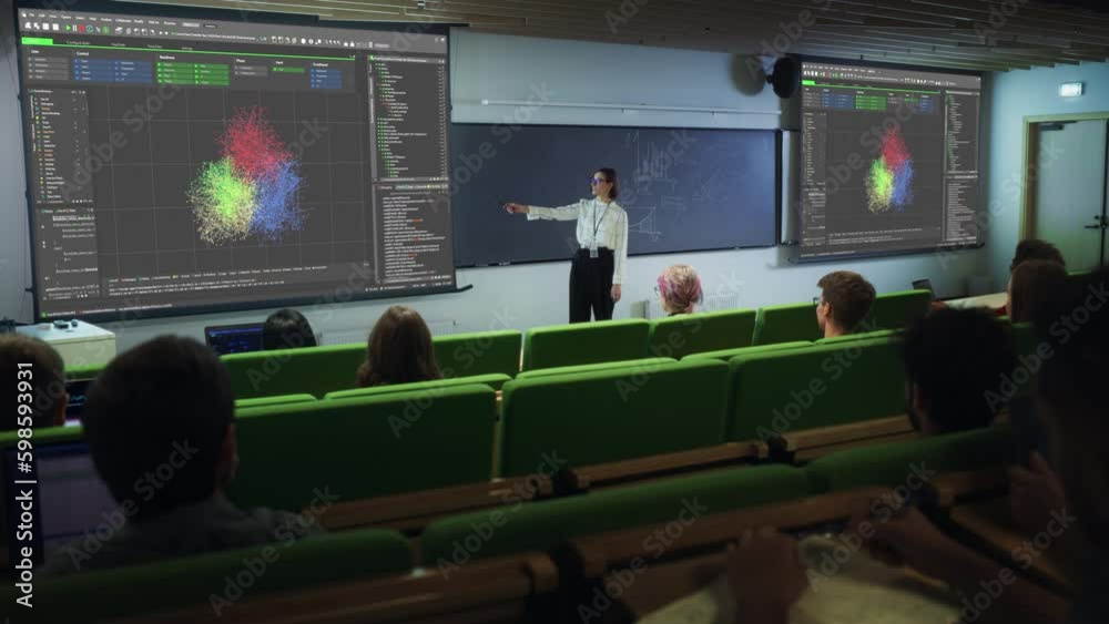 Leinwandbilder Young University Professor Explaining the Importance of Artificial Intelligence to a Group of Diverse Students in a Modern Auditorium. Female Teacher Showing Neural Network System on Two Big Screens