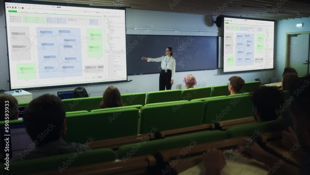 Poster Young University Professor Explaining a Web Development Project to a Group of Diverse Multiethnic Students in a Modern Auditorium. Female Teacher Showing a Back-End Road-Map on Two Big Screens