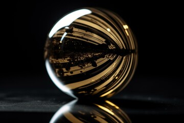 Gold-striped marble ball on reflective surface with black/white backgrounds. Generative AI