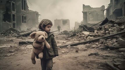 A terrified little child clutching a teddy bear while running away of the brutality of war, Generative AI