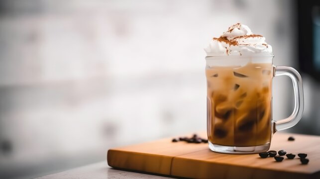 Ice frappuccino, summer refreshing coffee drink with cream and coffee beans, Generative AI
