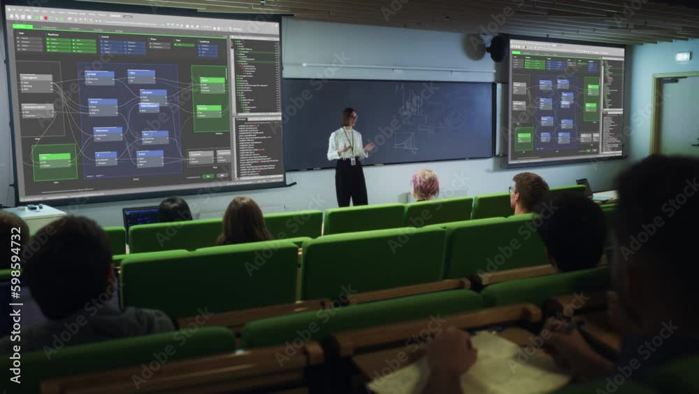 Poster young female teacher giving a web development presentation to diverse multiethnic group of female an