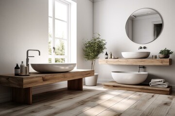 Naklejka na ściany i meble Bright and pristine bathroom with daylight. Rendered in 3D. Wooden table in background. Flooring. Generative AI