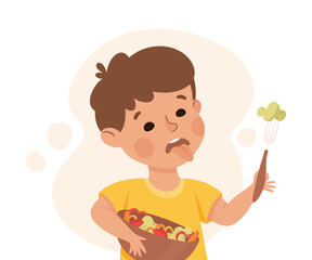 Little Boy Character Showing Dislike and Disgust Holding Salad Bowl Vector Illustration