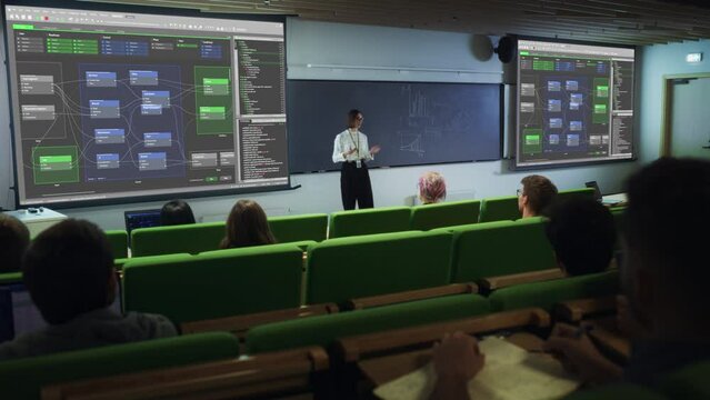 Young Female Teacher Giving a Web Development Presentation to Diverse Multiethnic Group of Female and Male Students in a Modern College Room. Projecting Slideshow with Initial Programming Project Plan