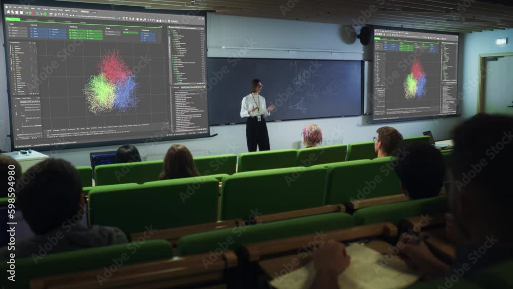 Poster Young University Professor Explaining the Importance of Artificial Intelligence to a Group of Diverse Students in a Modern Auditorium. Female Teacher Showing Neural Network System on Two Big Screens