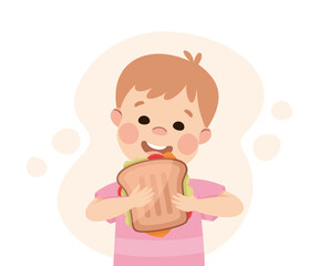Funny Boy Character Eating Sandwich Showing Like Vector Illustration