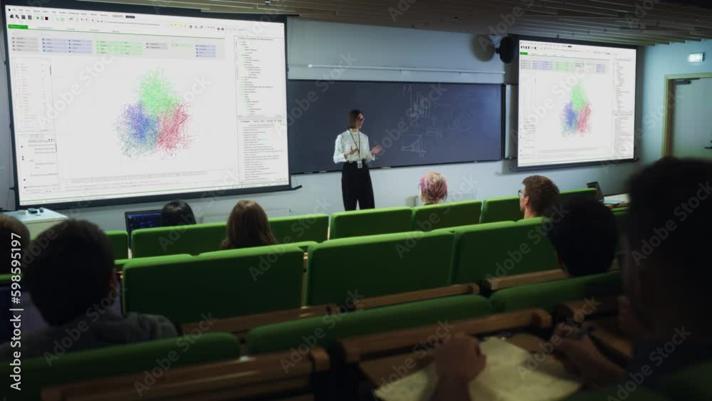Aufkleber smart diverse students studying in university room, listening to a young female professor explaining