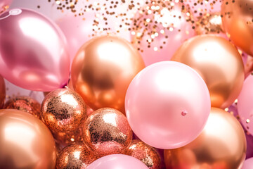 Pink background with balloons, confetti, sparkles, lights. Anniversary. hen-party, gender party. Banner for birthday, party, Christmas, New Year, promotion social media cover. Generative Ai.