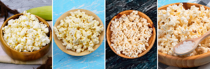 Set of tasty popcorn close up collage. Snack for watching movies, TV series