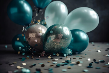 Turquoise balloons background with balloons, confetti, sparkles, lights. Anniversary. Banner for birthday, party, Christmas, New Year, promotion social media cover. Generative Ai