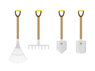 A set of garden tools. Vector isolated illustration of garden tools. Illustration of a shovel and rake.