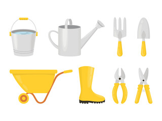 A set of garden equipment. Vector set of isolated illustrations of garden equipment. Equipment for work in the garden.