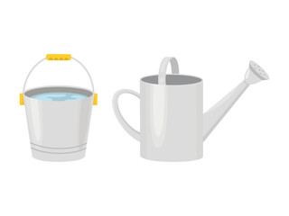 A set of garden equipment. Vector set of isolated illustrations of medicine and bucket of water. Equipment for work in the garden.