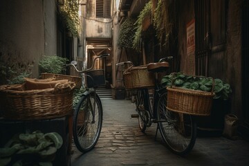 Fototapeta na wymiar Bike with baskets parked by wall. Generative AI