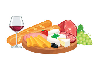 Delicatessen on a wooden cutting board vector illustration. Cheese, charcuterie and wine icon on a white background. Cheese platter with meat, baguette and grapes vector