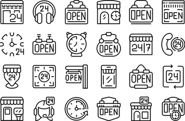 Shop opening hours icons set outline vector. Store time. Sign open
