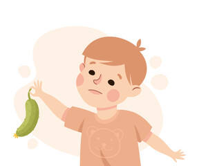 Little Boy Character Showing Dislike and Disgust Holding Cucumber Vector Illustration
