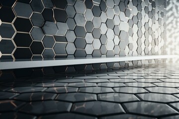 A 3D, futuristic wallpaper with polished hexagonal tiles on a concrete background. Generative AI