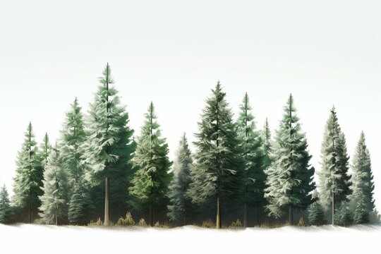 Illustration of fir trees in a forest with a white background. Generative AI © Baylor