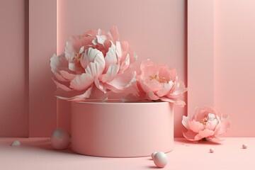 Minimal 3D podium with pastel pink flower background and falling peony blossoms for beauty product presentation. Perfect for feminine and Valentine's day themes. Generative AI