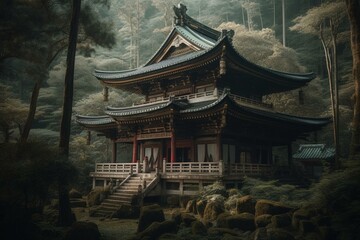 Digital art of a Japanese temple amidst a forest. Generative AI